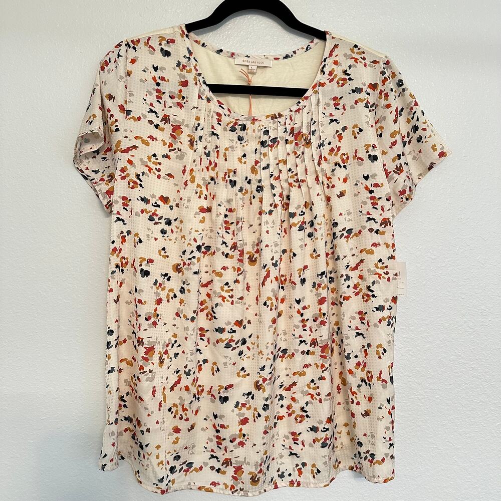 Cream Abstract Dot Short Sleeve Mixed Media Pleated Womens Blouse NEW